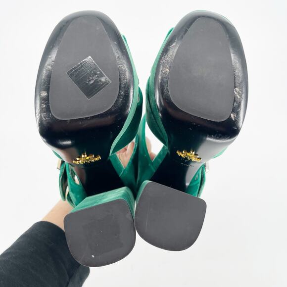 Prada Green Velvet Crystal Strappy Chunky Block Heel Platform Sandal size IT 36 - Picture 10 of 11